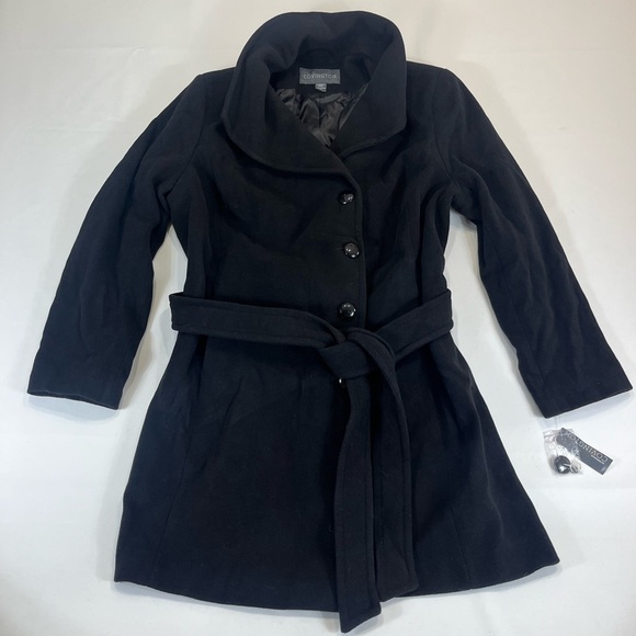 Covington Women's 2X Wool Jacket Black Button Up Lined Coat Tie